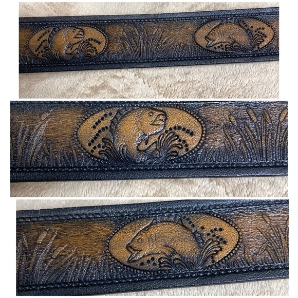 Genuine Leather Brown Tooled Belt Size 42 Fisherman Outdoors Northern Bass Pole - Picture 6 of 11